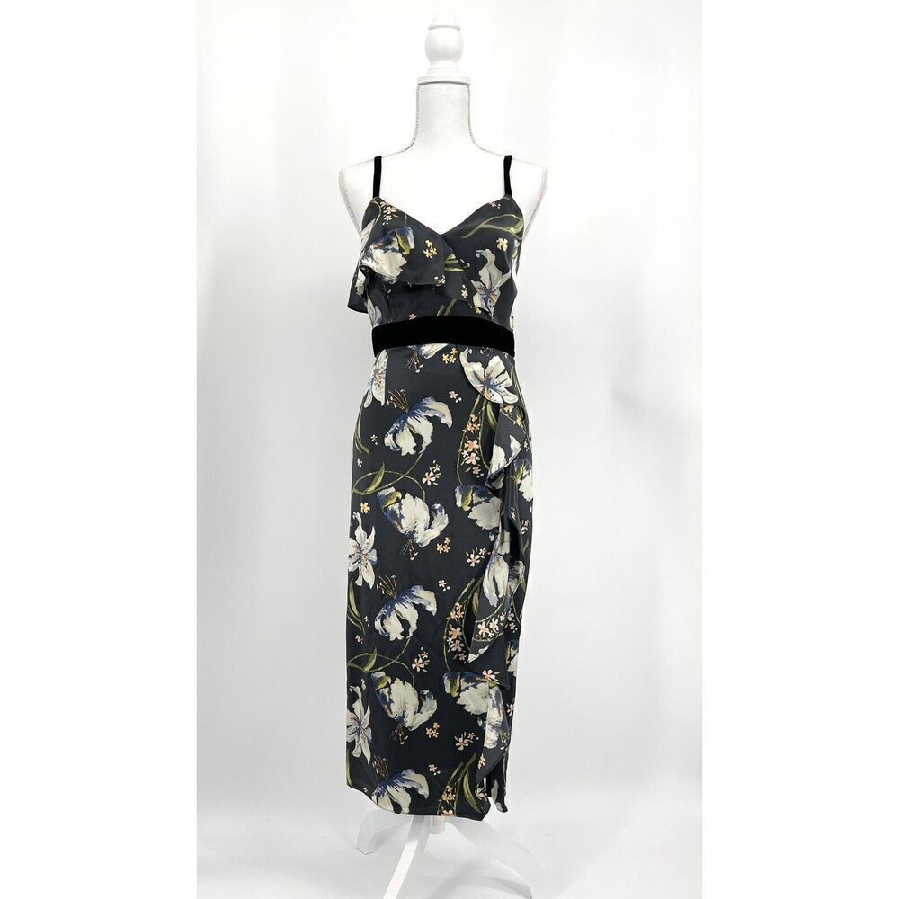 CINQ A SEPT Leena Silk Floral Print Dress Ruffle Slit Midi Pencil Gray Size 6